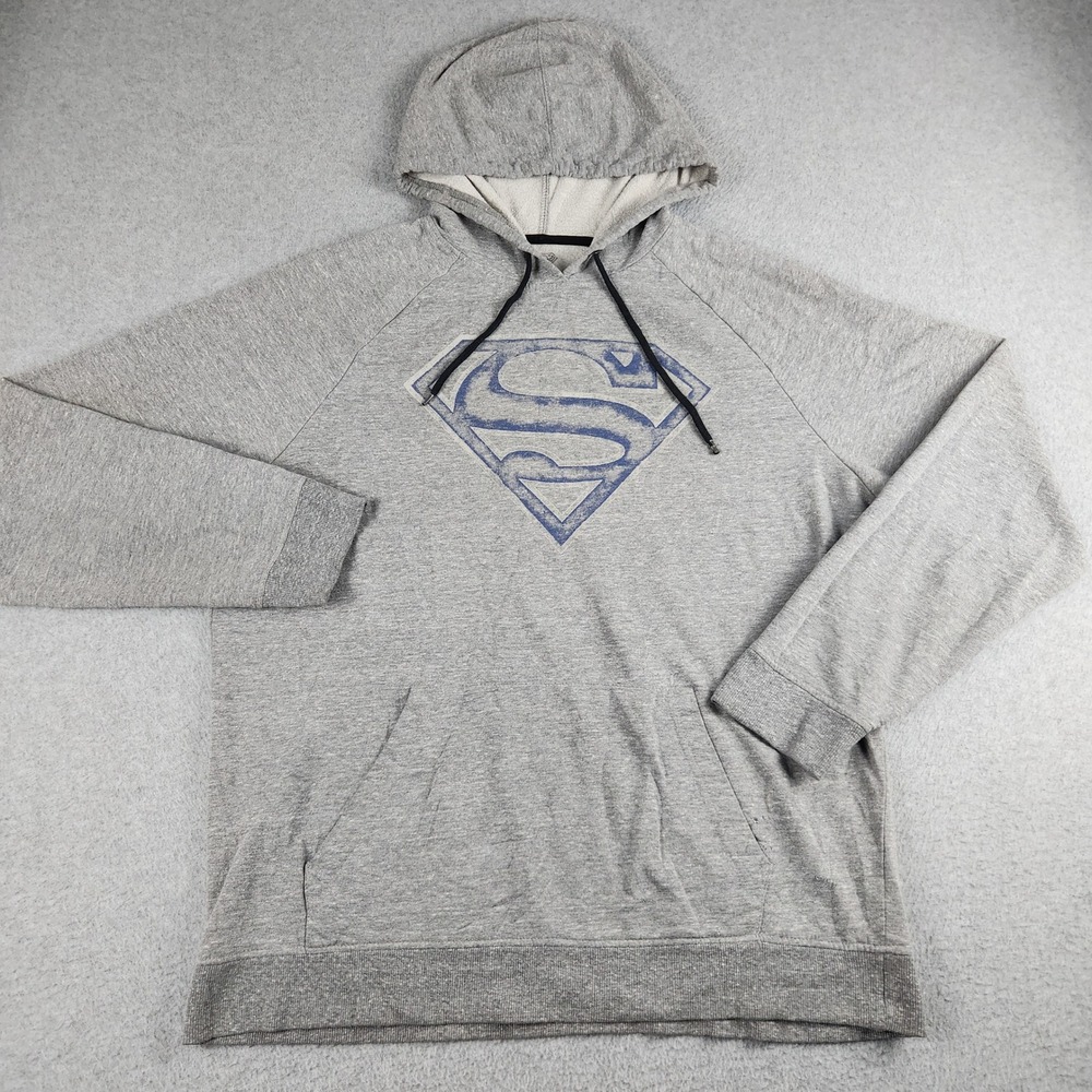 Superman Hoodie Mens XL Gray Heather Fleece Lined DC Comics Shield Logo Pullover